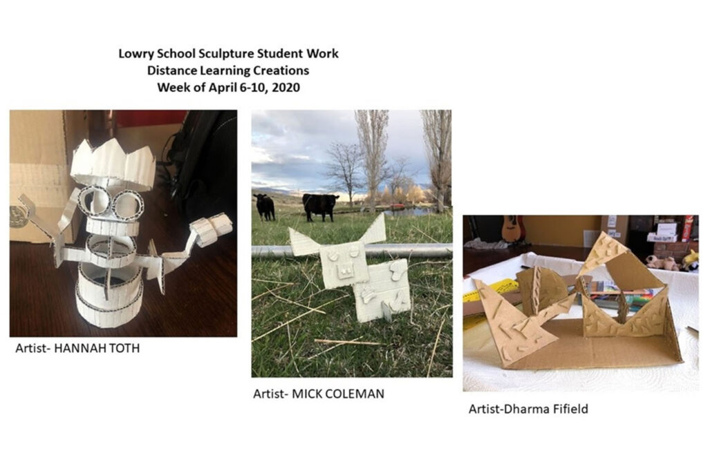 Three sculpture pieces that were created from home during distance learning./Courtesy • Julia Topholm, Hannah Toth, Mick Coleman, Dharma Fifield