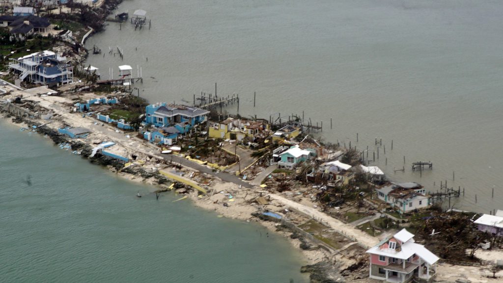 BAHAMAS (Sept. 3, 2019) Overhead view of a row of damaged structures in the Bahamas from a Coast Guard Elizabeth City C-130 aircraft after Hurricane Dorian shifts north Sept. 3, 2019. Hurricane Dorian made landfall Saturday and intensified into Sunday. /Courtesy • U.S. Coast Guard photo by Petty Officer 2nd Class Adam Stanton