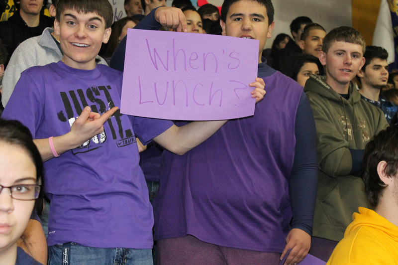 Alex Nimmick and Tyler Duran showed off their “When’s Lunch?” sign at the Assembly. /Justin Albright • The Brand