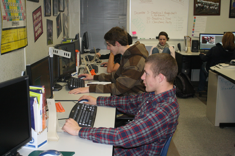 Chris Kitras and Dakota Flanagan are typing away on the modern computer in Mrs. Lisa Scott’s 6th period class./Calvin Connors • The Brand