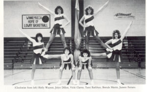Then they did easier stunts such as thigh stands, and the team only consisted of six girls. Clockwise from left Holly Wayson, Jolyn Dillion, Vicki Clarno, Tami Rathbun, Brenda Martin Juneen Ferraro.