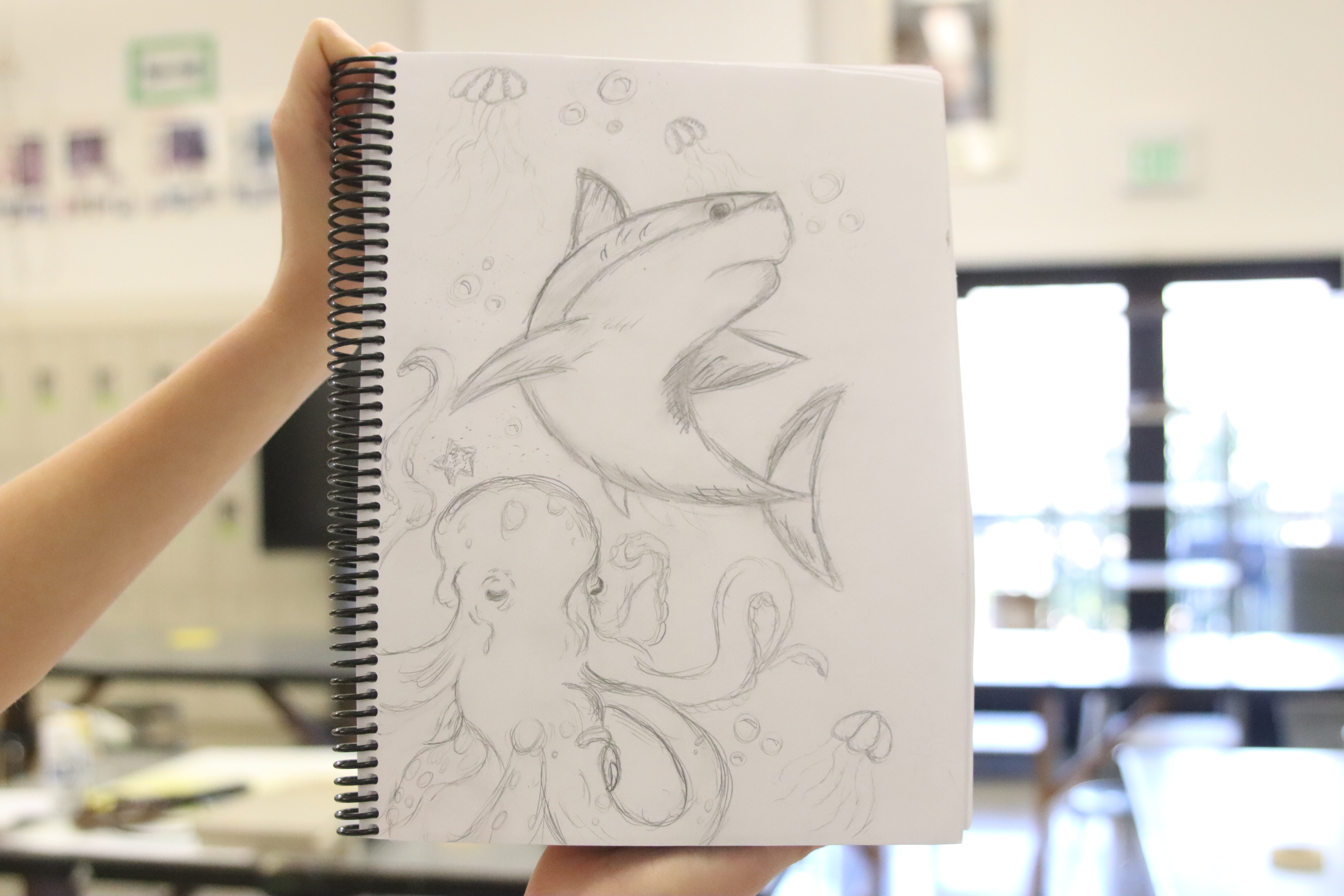 Natalie Pacheco’s sketch of an octopus and a shark./ Adisson Baker • The Brand
