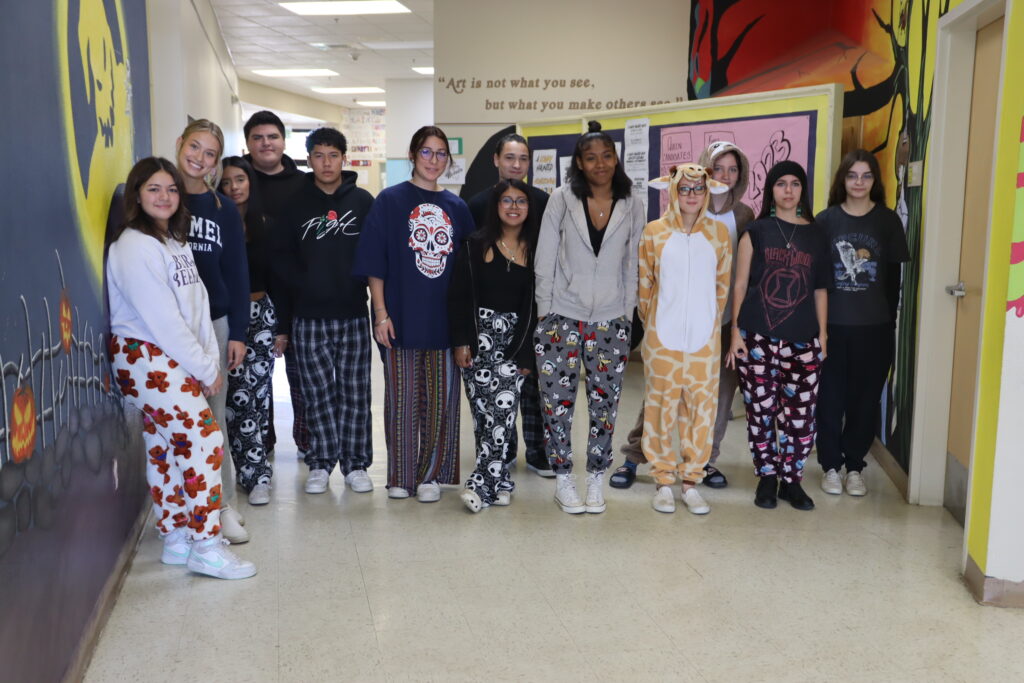 Ms. Topholm’s class poses together on Pajama Day. /Madalynn Tagle • The Brand 