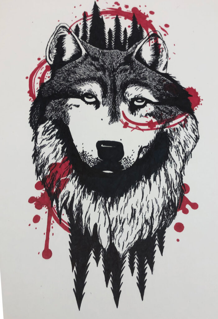 Buckingham’s ink artwork of a wolf. /Courtesy • Sara Buckingham