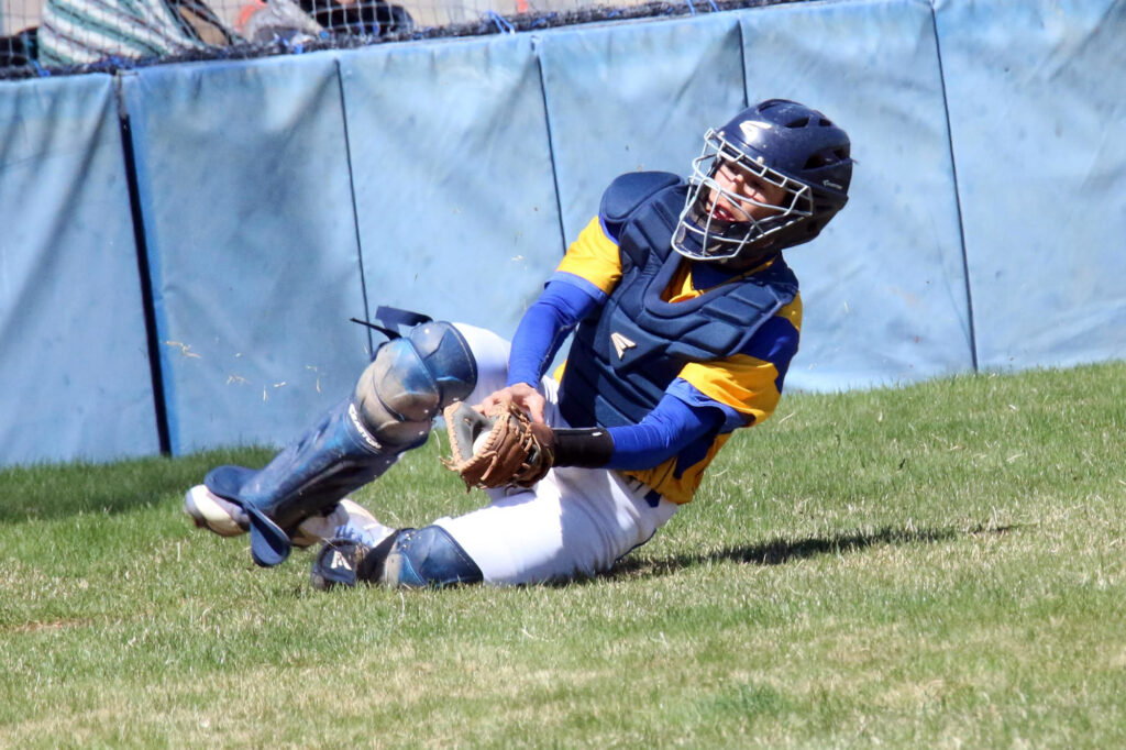 Anthony Hemp makes a sliding catch on a foul ball./Ron Espinola • The Brand