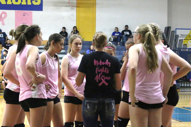The freshman volleyball team during a break in the action of their pink game./Taylor Gleason • The Brand