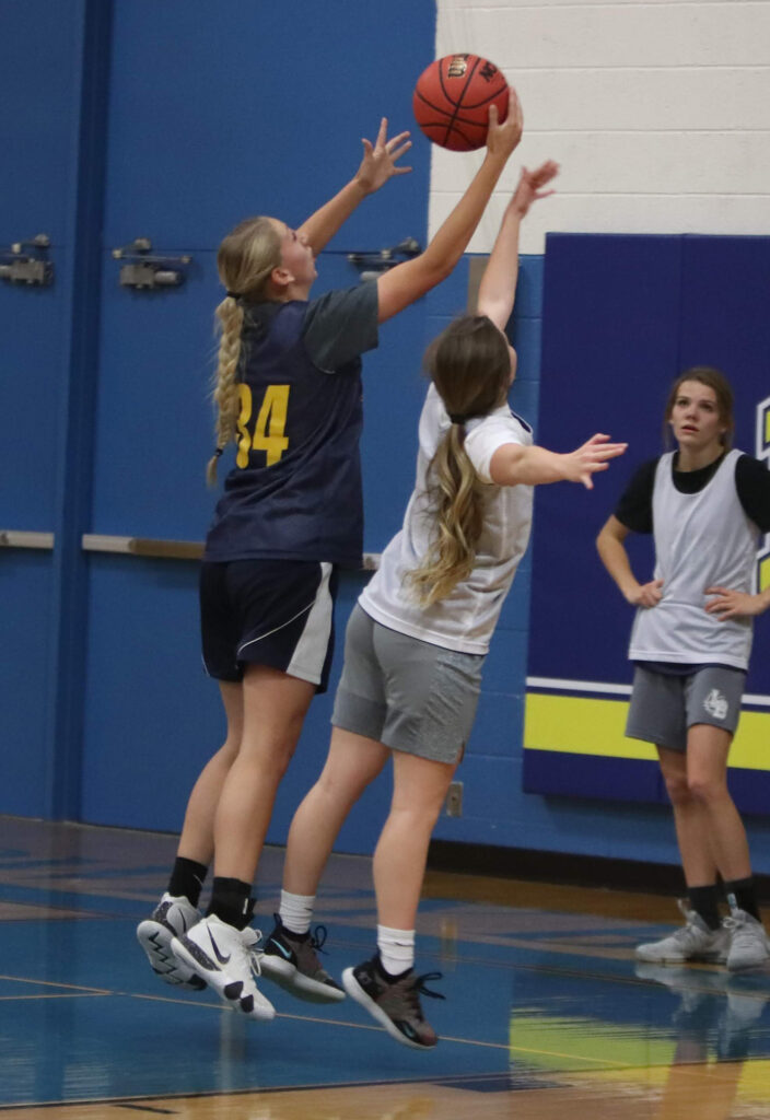 McKenzie Peterson goes up for a rebound with Carly Capellen./Ron Espinola • The Brand